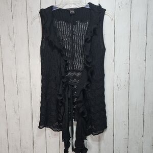 BCBG Maxazria Women's Black Ruffle Viscose Blend Tie Front Sweater Vest Size L.